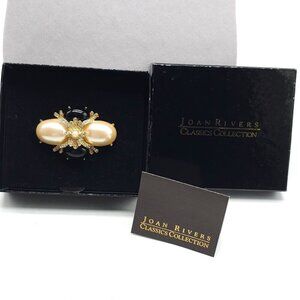 Joan Rivers Classics Collection Faux Pearl Black Acrylic Brooch Rhinestones